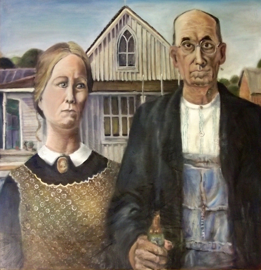 This is a satirical homage to a Grant Wood painting, <i>American Gothic</i>. This is acrylic on canvas, 30x30 inches created in 2012. It is currently on display in Domestic restaurant in Shepherdstown, WV and was created with the farm-to-table restaurant in mind. In this version, <i>American Gothic IV: the Reaping</i>, I wanted to play with gender roles and tradition. The idea of the restaurant was to reinvision American classics. 
